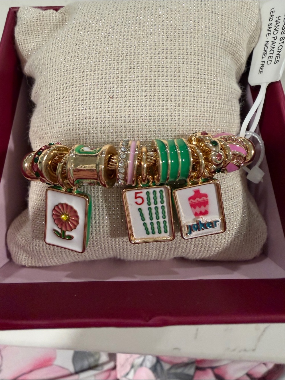 Gold-Tone Mahjong Charm Bracelet with Green and Pink Accents